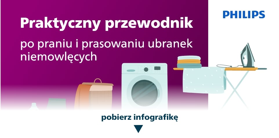 Pełna wersja infografiki o praniu i prasowaniu ubranek niemowlęcych.