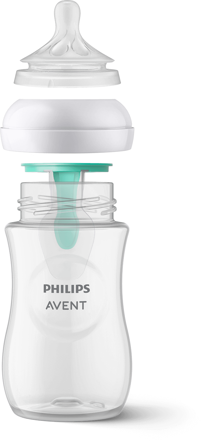 Elementy składowe responsywnej butelki Natural do karmienia Philips Avent: smoczek responsywny, nakrętka butelki mocująca smoczek, wkładka antykolkowa, butelka.