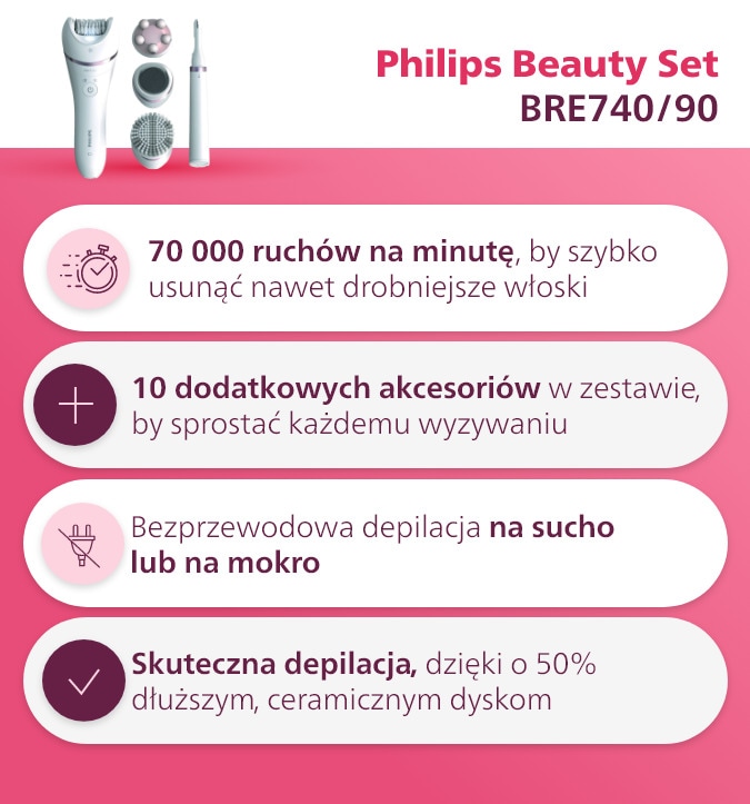 Depilator z wymiennymi nasadkami Philips Beauty Set.