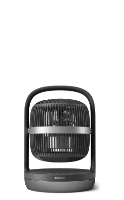 Niski, czarny wentylator stołowy firmy Philips z serii 3000 z automatyczną oscylacją.
