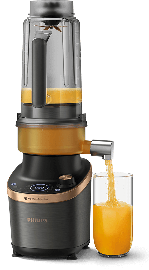Blender 2w1 Flip&Juice™ HD3770 w trybie sokowirówki, podczas wyciskania świeżego soku i napełnia nim szklanki.