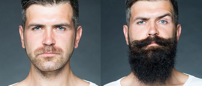 Dwa zdjęcia tego samego mężczyzny na szarym tle: po lewej ma krótką brodę, po prawej bardzo długą.