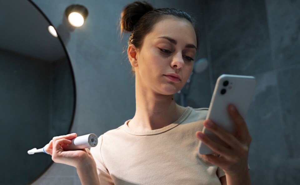 Kobieta używająca szczoteczki sonicznej z aplikacją na telefon