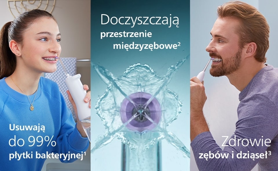 Grafika przedstawiająca zalety szczoteczki do zębów, podzielona na trzy segmenty. Pierwszy segment pokazuje młodą kobietę z jasnymi włosami szczotkującą zęby, z podpisem "Lepiej doczyszczone zęby". Drugi segment ilustruje szczoteczkę i strumień wody z mikrobąbelkami, z napisem "moc mikrobąbelków". Trzeci segment to obraz mężczyzny o ciemnej karnacji szczotkującego zęby, z podpisem "Zdrowsze dziąsła".