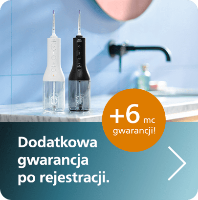 Grafika prezentująca dwa irygatory do zębów Philips Sonicare, jeden czarny i jeden kremowy.