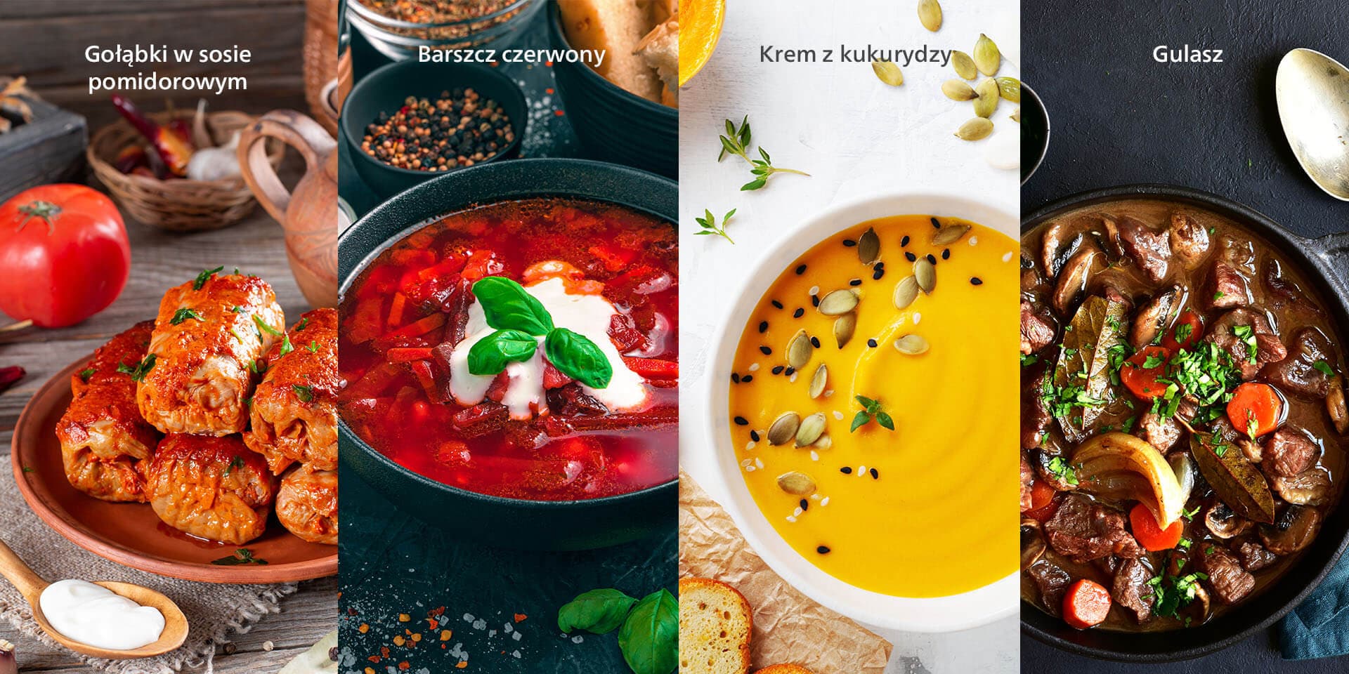 Grafika ze zdjęciami różnych potraw przygotowanych przy pomocy Multicookera Philips: gołąbki w sosie pomidorowym, barszcz czerwony, krem z kukurydzy, gulasz