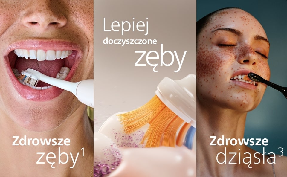 Grafika przedstawiająca zalety szczoteczki do zębów, podzielona na trzy segmenty. Pierwszy segment pokazuje młodą kobietę z jasnymi włosami szczotkującą zęby, z podpisem "Lepiej doczyszczone zęby". Drugi segment ilustruje szczoteczkę i strumień wody z mikrobąbelkami, z napisem "moc mikrobąbelków". Trzeci segment to obraz mężczyzny o ciemnej karnacji szczotkującego zęby, z podpisem "Zdrowsze dziąsła".
